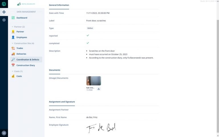Detailed View on defects – protocol with signature